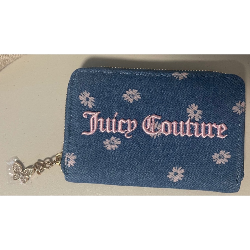 Juicy Couture Denim Daisy Wallet Blue Pink Floral Embroidered Butterfly Charm